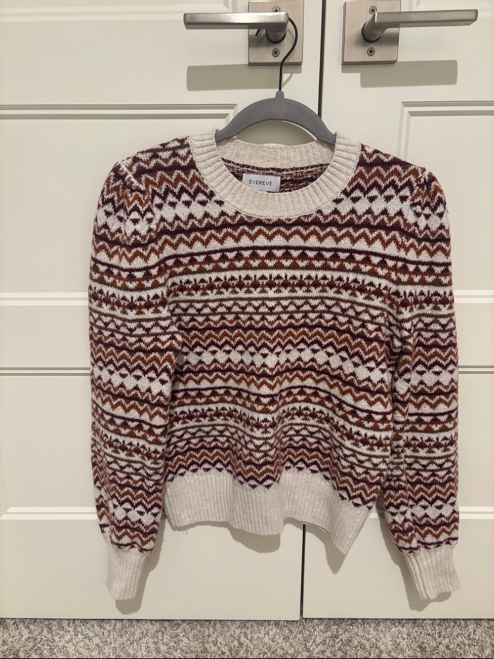 Evereve Rust and Cream Fair Isle Crewneck Sweater